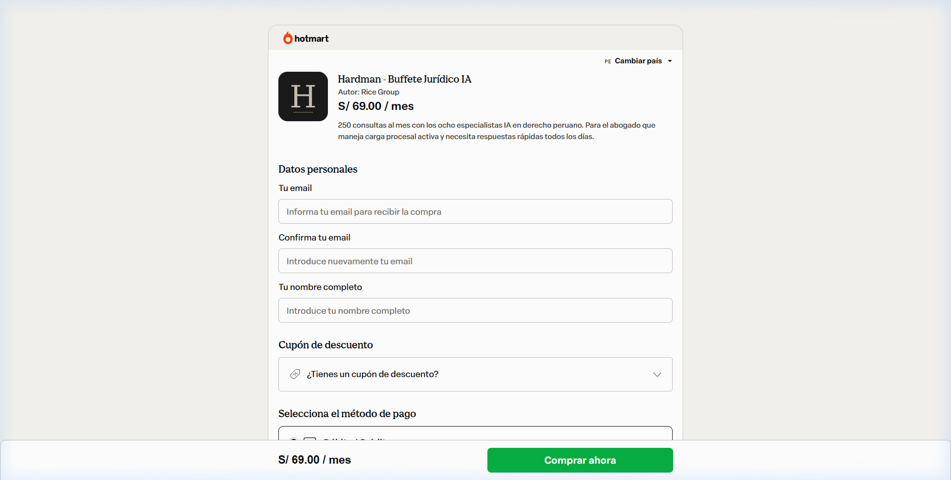 Captura del checkout de Hotmart