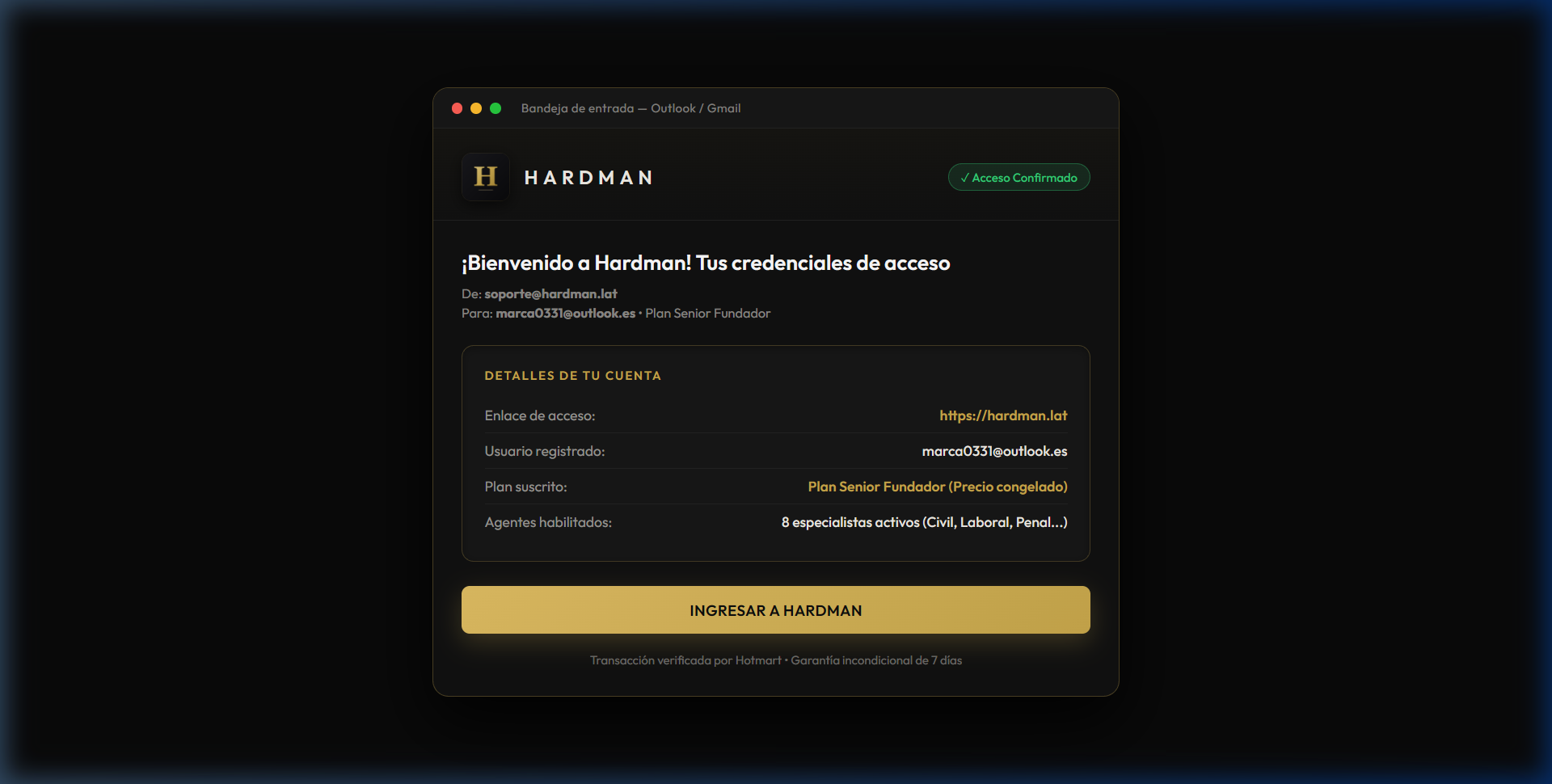 Captura del correo con acceso a Hardman