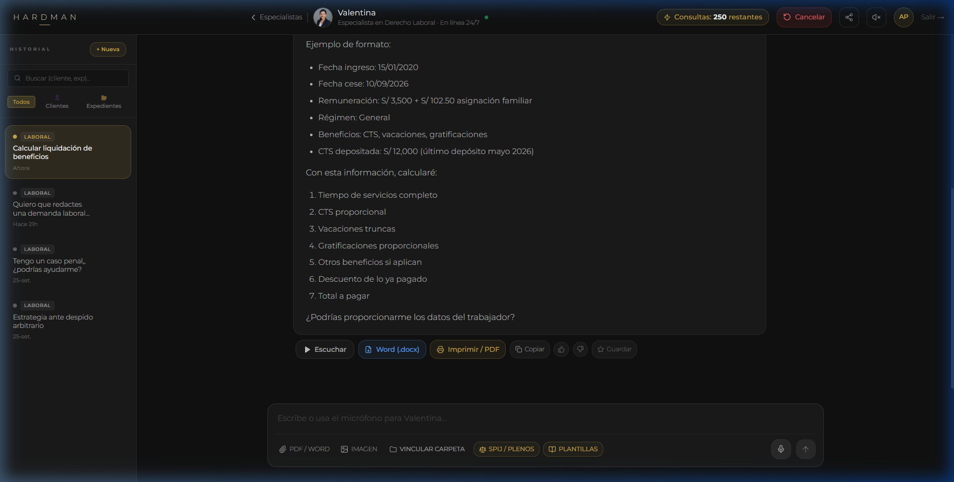 Pantalla de chat con especialista de Hardman